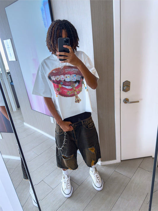 NOISSEY Diamond Teeth Cross Crop Tee - Pluto 5ive LLC T-Shirt