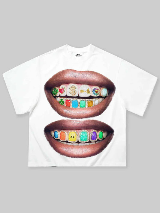NOISSEY Iridescent Gem Grills Lip Cropped Tee - Pluto 5ive LLC T-Shirt